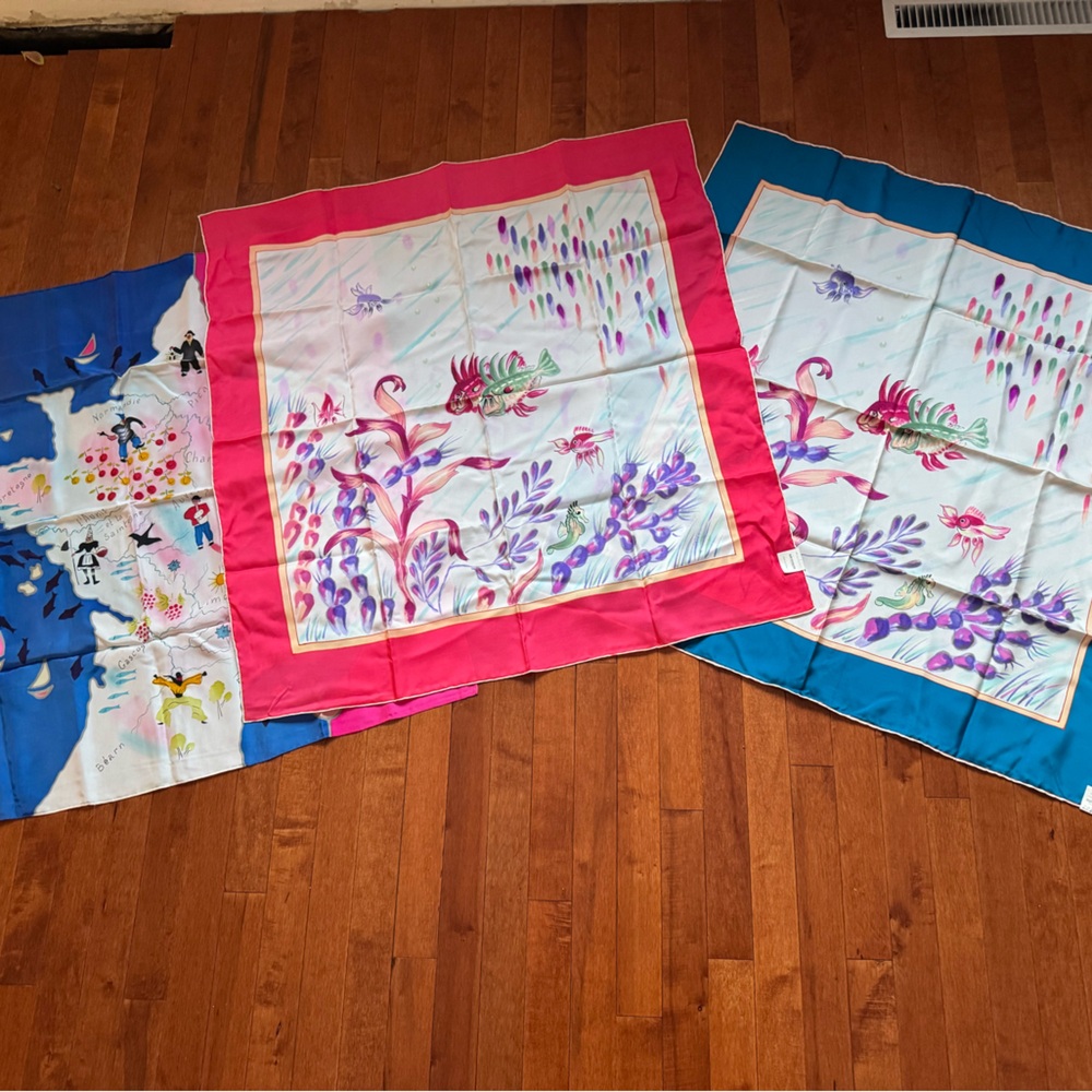 French Vintage Silk Scarves Set with Pink and Blue Borders